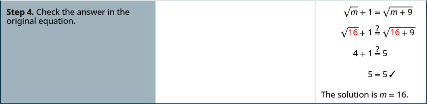 Step 4 is to check the answer in the original equation. Does the square root of 16 plus 1 equal the square root of the quantity 16 plus 9? Simplifying both sides we get 4 plus 1 equals 5. This verifies that the solution is m equals 16.
