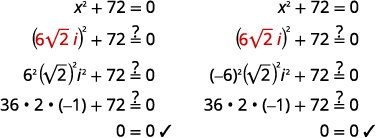 Start with the equation three times z squared equals one hundred eight. The quadratic term is isolated, so divide by 3 to make its coefficient 1. Three times z squared divided by three equals one hundred eight divided by three. Simplify to find that z squared equals thirty six. Use the Square Root Property to see that z equals positive or negative square root thirty six. Simplify the radical. Z equals positive or negative six. Rewrite to show two solutions. z equals six or z equals negative six. Check the solutions by substituting each value into the original equation, three times z squared equals one hundred eight. Start with z equals six. Substituting yields three times the square of six, or three times thirty six. Three times thirty six equals one hundred eight, so z equals six is a solution of the original equation. Next substitute z equals negative six. Three times the square of negative six is equivalent to three times thirty six, or one hundred eight. z equals negative six is also a solution.