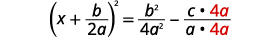 Find the common denominator of the right side of the equation and write equivalent fractions using the common denominator. Multiply the term negative c divided by a on the right side of the equation by the fraction 4 a divided by 4 a.