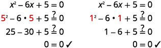 Check the solutions in the original equation. Substitute x equals 5 into the original equation, x squared minus 6 x plus 5 equals zero to get 5 squared minus 6 times 5 plus 5 on the left side of the equation we must show that this equals 0. Simplifying the expression yields 25 minus 30 plus 5, or 0. So x equals 5 is a solution. Next check x equals 1 in the original equation. X squared minus 6 x plus 5 becomes 1 squared minus 6 times 1 plus 5. We must show this equals 0. 1 minus 6 plus 5 does equal 0, so x = 1 is a solution.