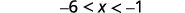 Negative 6 is less than or equal to x which is less than negative 1.