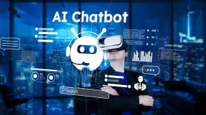 Smart project manager looking at AI chat hologram and wearing headset at modern office. Professional businessman working on augmented reality goggles with blurring background. Technology. Ingenuity.