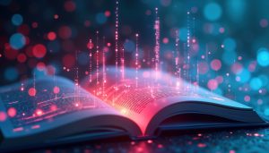 Open book glows with digital data. Artificial intelligence processes info from unstructured text. Tech extracts data, from docs. AI in doc analysis. Innovation in info tech. Modern tech in libraries.
