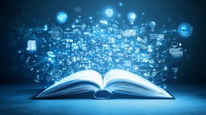 Open book, digital ideas, glowing, knowledge, innovation, dark background, education concept.