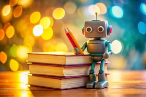 Cute Robot Tutor: Long Exposure Study Buddy Cartoon Stock Photo