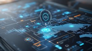 This futuristic image depicts a navigation marker on a highly advanced data rich digital interface showcasing the of cutting edge technology global positioning.