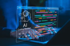 AI coding assistant and programming support. Programmer use laptop with AI coding assistant and colorful program code, representing artificial intelligence in software development and code generation.