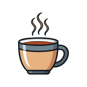 A steaming cup of hot coffee or tea with a handle isolated on white background.