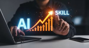 A person's hands are shown interacting with a digital interface displaying an upward trending graph with the words "AI" and "SKILL" illuminated in bright blue and white. The graph is composed of orange bars and an orange arrow indicating growth. A laptop is visible on the left and a smartphone on the right, suggesting a modern technological setting.