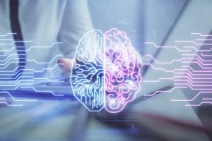 Multi exposure of woman hands working on computer and human brain hologram drawing. Ai tech concept.