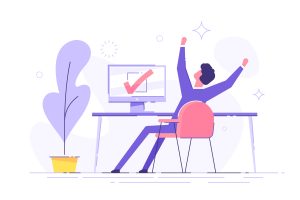 Happy man completed task and triumphing with raised hands on the his workplace. Successful well done work. Completed task. modern vector illustration.