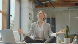 Happy employee getting ready to start productive work day Young business woman sitting at office desk and meditating eyes closed thinking of good things and focusing on positive feelin : Generative AI