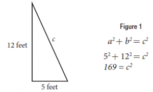 Right triangle with legs 5 feet and 12 feet, with Pythagorean Theorem work solving for hypotenuse.