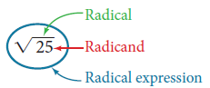 Image of the square root of 25, with labels for the radical symbol, the radicand, and the radical expression.
