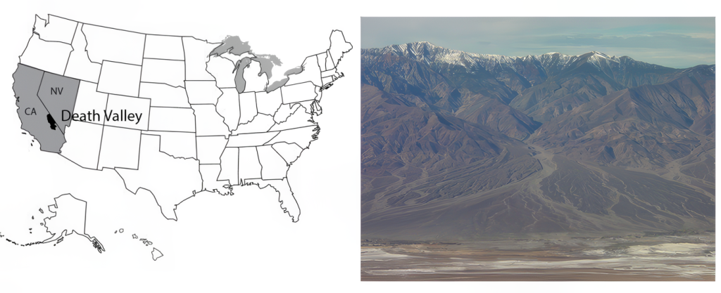 A mountain range with foreground in the shadow and map of the U.S. with California and Nevada highlighted and Death Valley noted along the southern California-Nevada border.