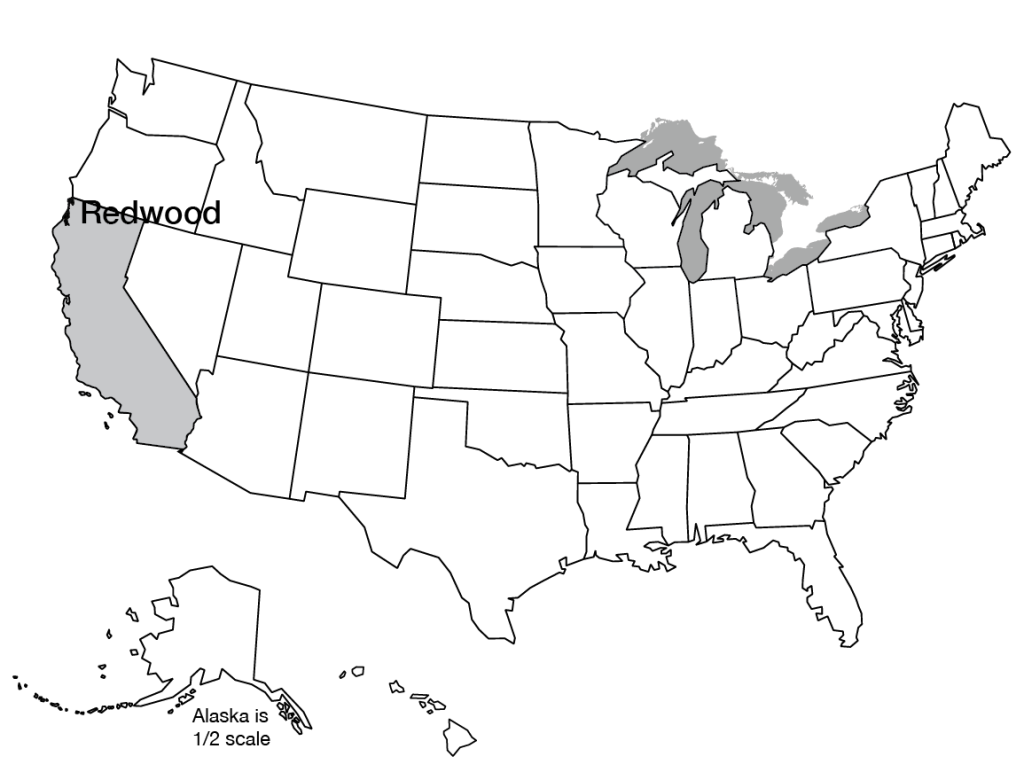 Map of U.S. with Redwood National Park highlighted in the northwesternmost corner of California.