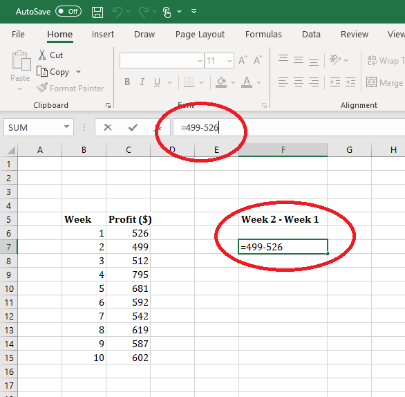 Subtracting in excel. The following formula is circled in both the data field and formula bar: =499-526