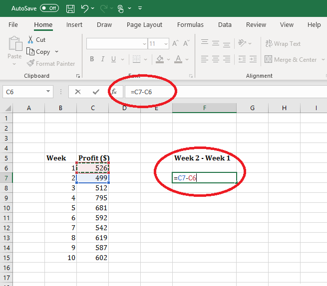 subtracting in excel. The following formula is circled in both the data field and formula bar: =C7-C6. These two cells are shown highlighted after being clicked/selected.