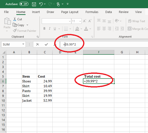 multiplying in excel. The following formula is circled in both the data field and formula bar: =39.99*2.