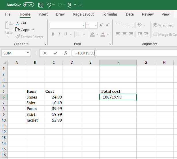 dividing in excel. The following formula is circled in both the data field and formula bar: =100/19.99.