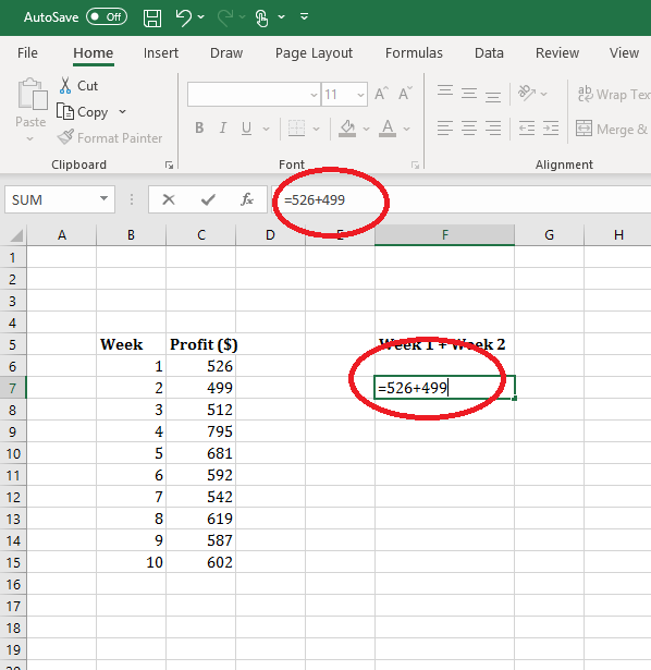Adding in excel. The following formula is circled in both the data field and formula bar: =526+499