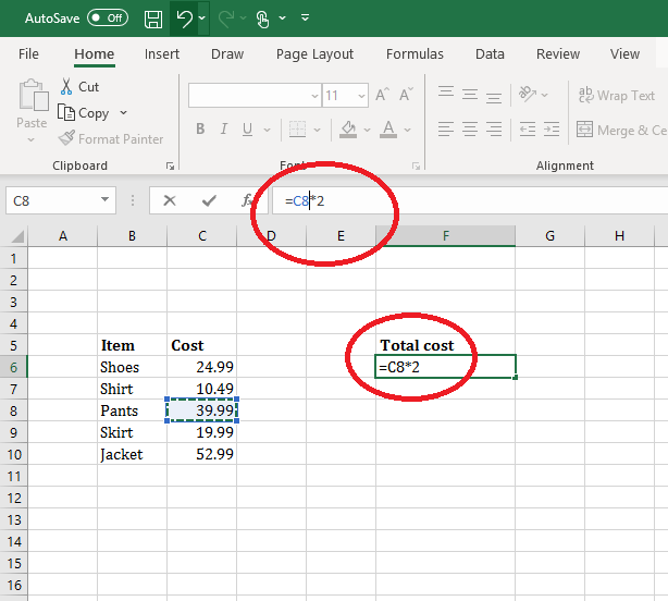 multiplying in excel. The following formula is circled in both the data field and formula bar: =C8*2. The cell C8 is shown highlighted after being clicked/selected.