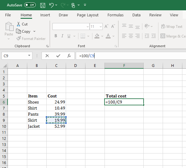 dividing in excel. The following formula is circled in both the data field and formula bar: =100/C9. The cell C9 is shown highlighted after being clicked/selected.