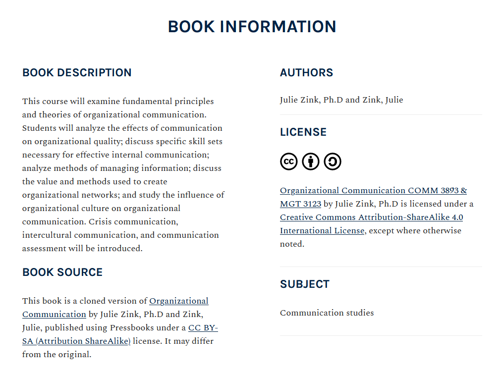 Book Information Section of Organizational Communication on UTSA Pressbooks